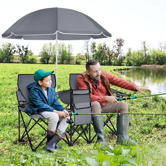 Conjunto Duo Luxo Outdoor – Cadeiras Dobráveis com Guarda‑Sol e Cooler Integrado