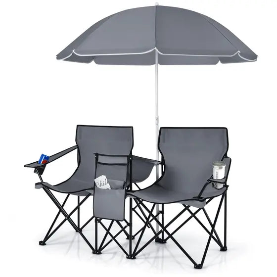 Conjunto Duo Luxo Outdoor – Cadeiras Dobráveis com Guarda‑Sol e Cooler Integrado